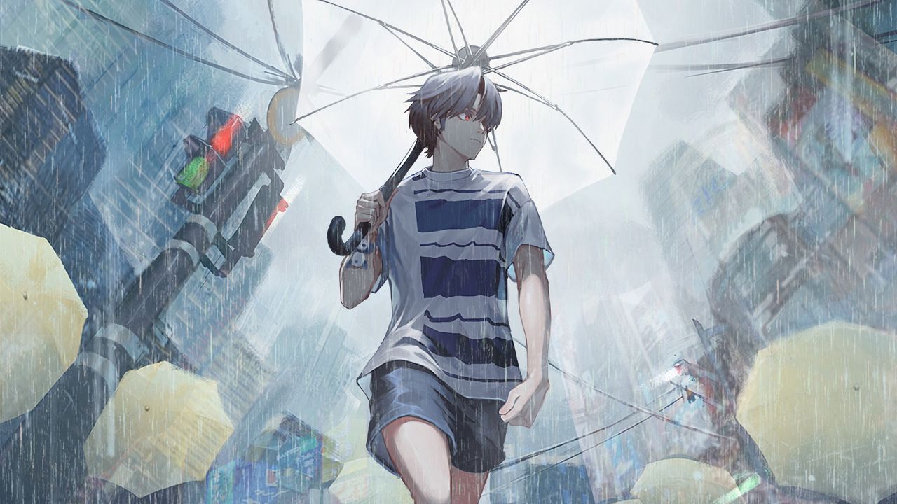Обои парень, дождь, зонтик, улица, аниме