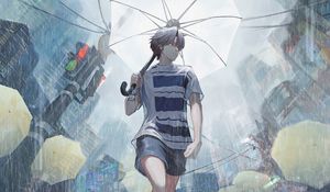 Превью обои парень, дождь, зонтик, улица, аниме