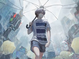 Превью обои парень, дождь, зонтик, улица, аниме