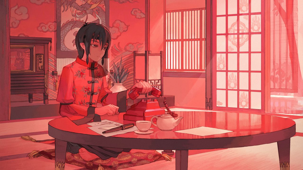 Обои парень, кимоно, телефон, аниме, арт, красный