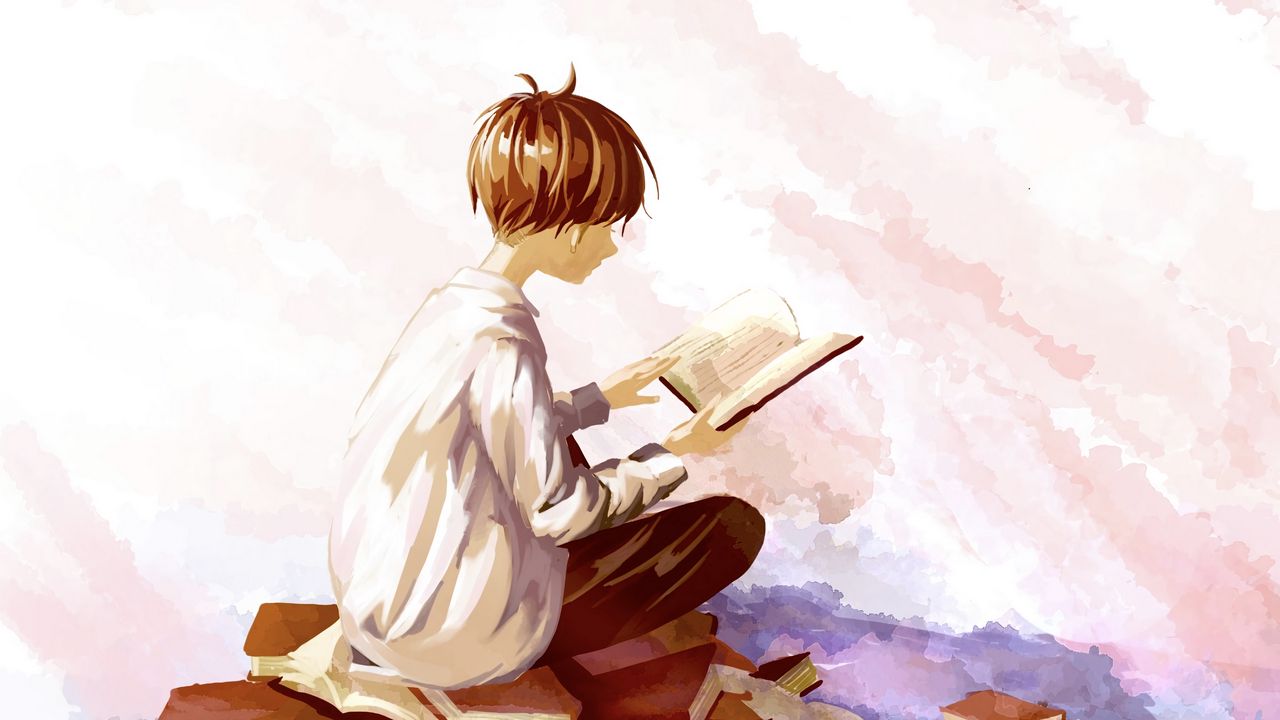 Обои парень, книги, чтение, аниме, арт