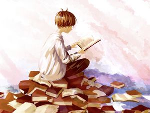 Превью обои парень, книги, чтение, аниме, арт