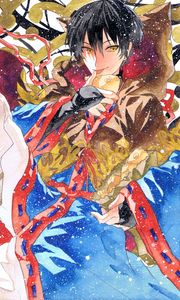 Превью обои парень, неко, рыба, снег, акварель, аниме