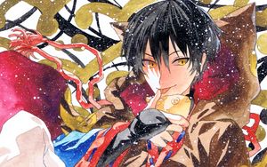 Превью обои парень, неко, рыба, снег, акварель, аниме