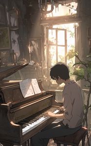 Превью обои парень, пианино, клавиши, музыка, аниме