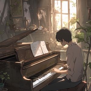 Превью обои парень, пианино, клавиши, музыка, аниме