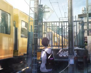 Превью обои парень, рюкзак, железная дорога, поезд, аниме