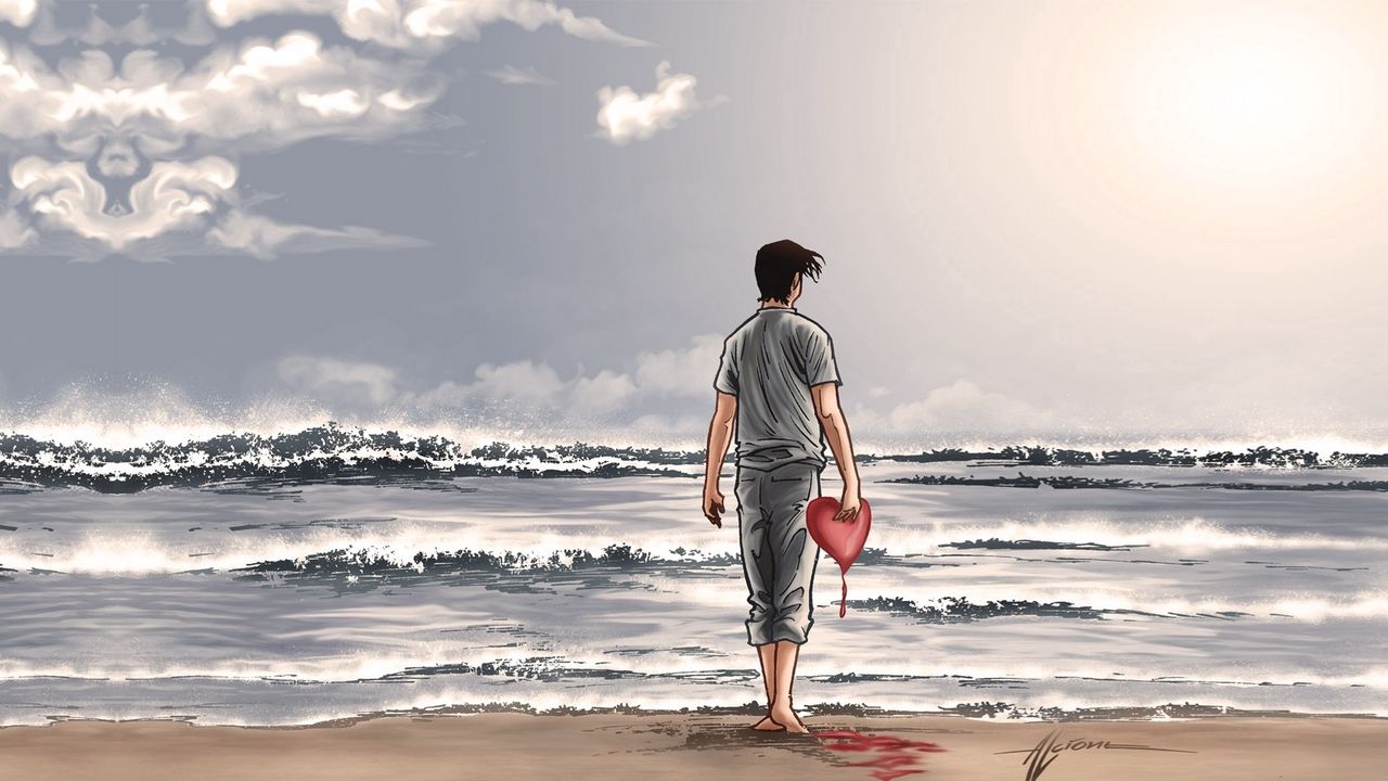 Обои парень, сердце, берег, пляж, вода, небо, облака