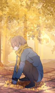 Превью обои парень, шарф, листья, деревья, осень, аниме