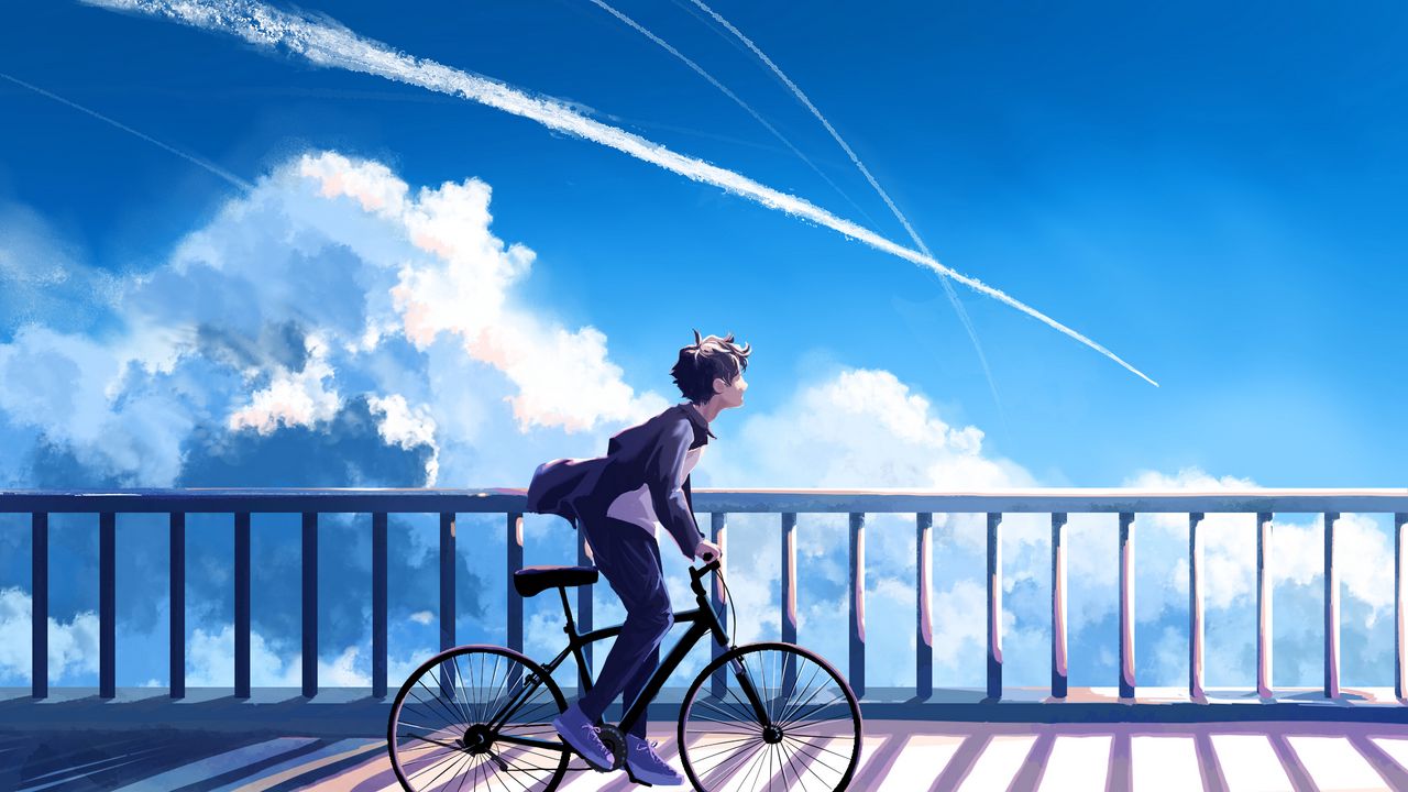Обои парень, велосипед, одиночество, облака, аниме