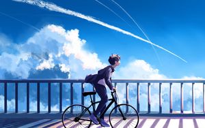 Превью обои парень, велосипед, одиночество, облака, аниме