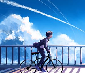 Превью обои парень, велосипед, одиночество, облака, аниме