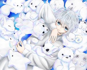 Превью обои парень, взгляд, игрушки, аниме, арт, белый