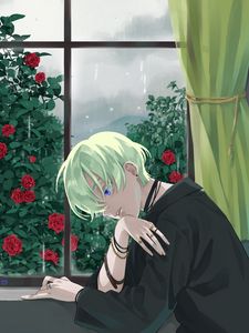 Превью обои парень, взгляд, окно, розы, сад, аниме