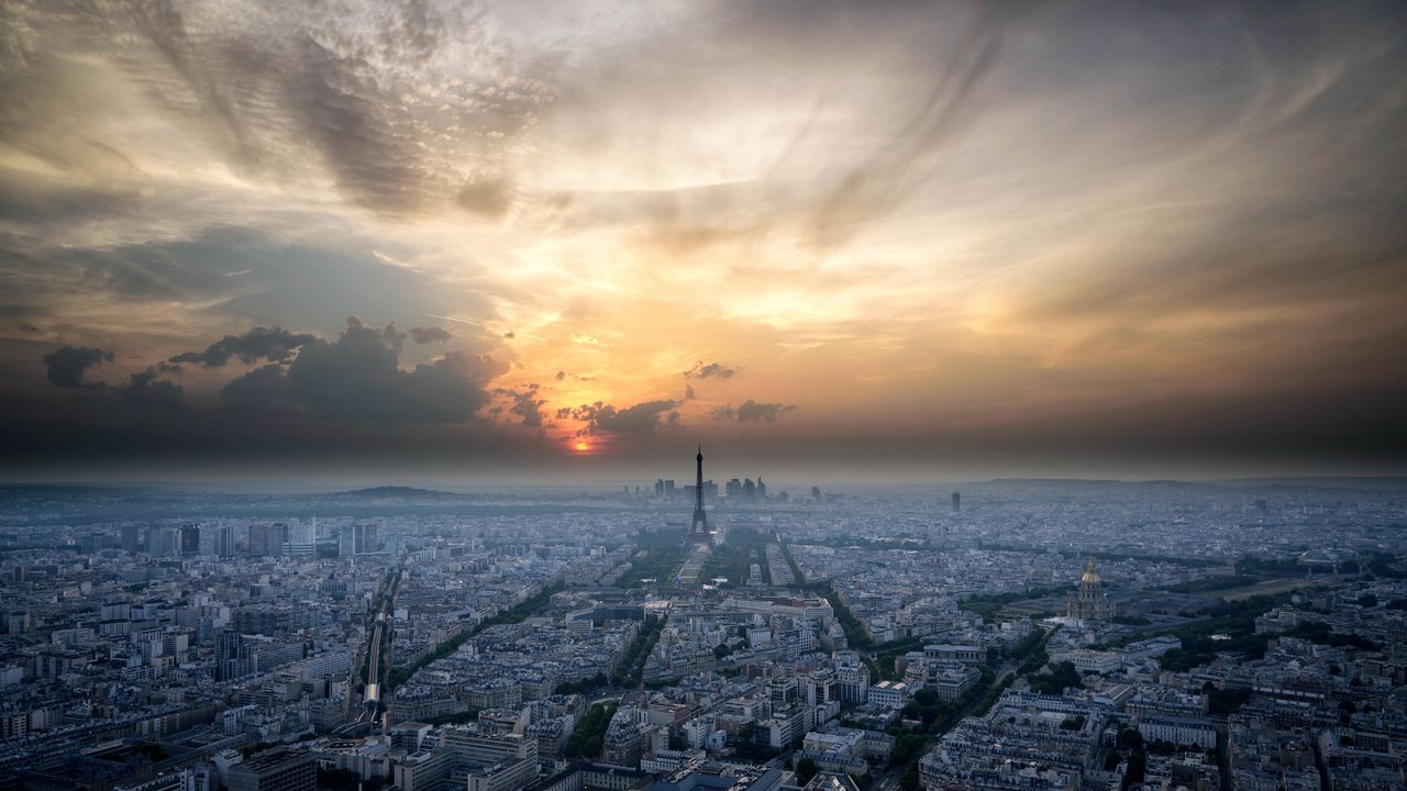 Обои париж, франция, архитектура, закат, небо, вид сверху