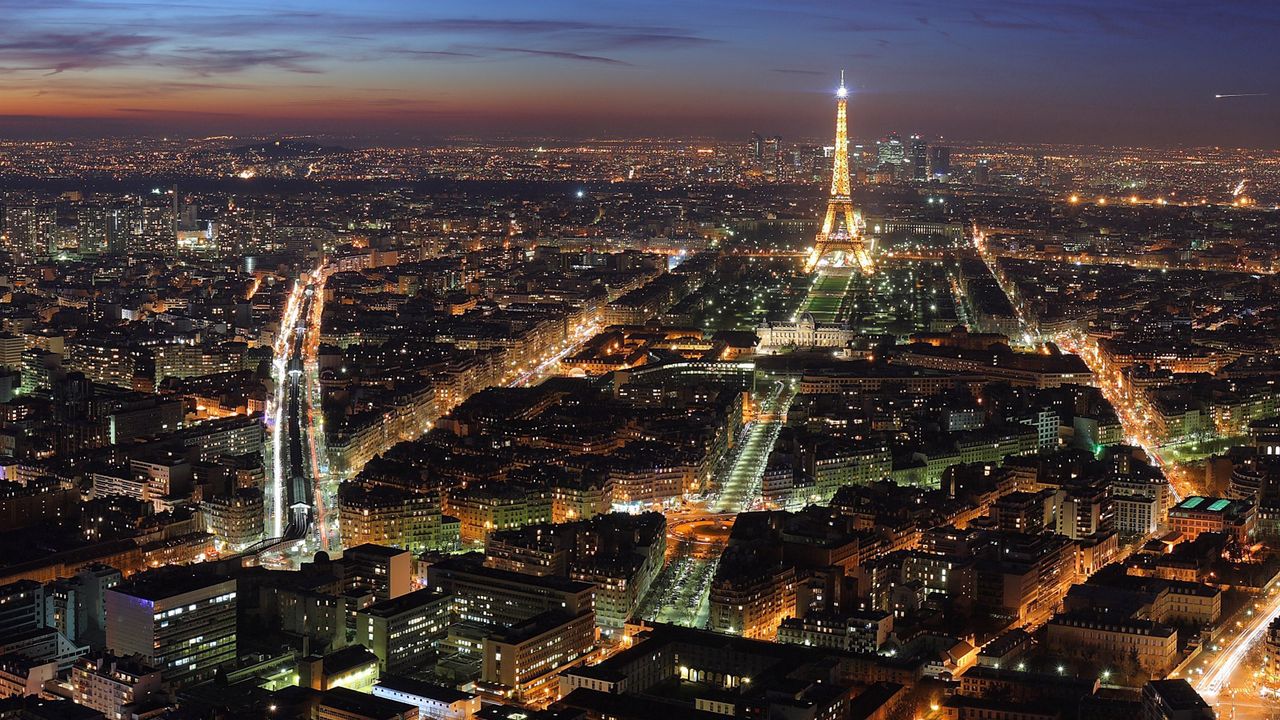 Обои париж, франция, эйфелева башня, огни города, ночь, вид сверху