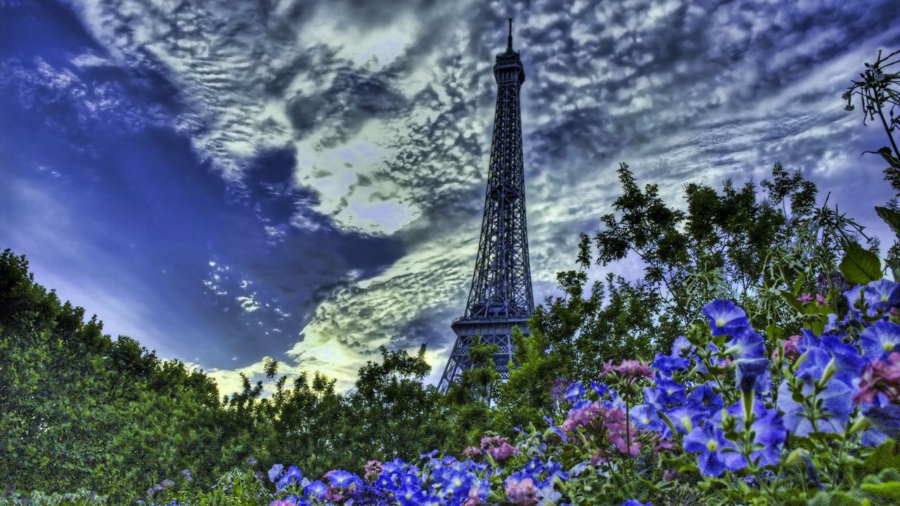 Обои париж, франция, эйфелева башня, цветы, небо, hdr
