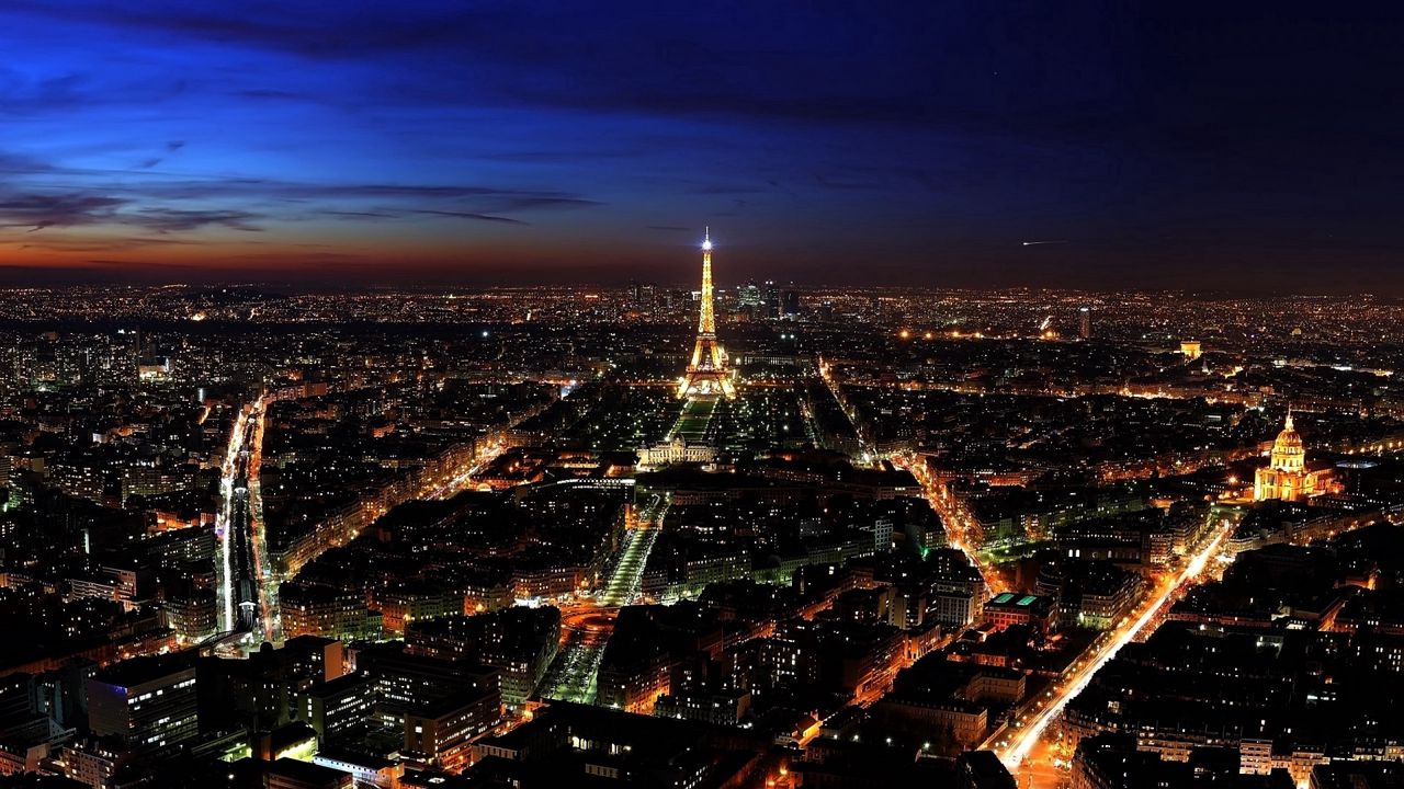 Обои париж, франция, ночь, вид сверху, огни города