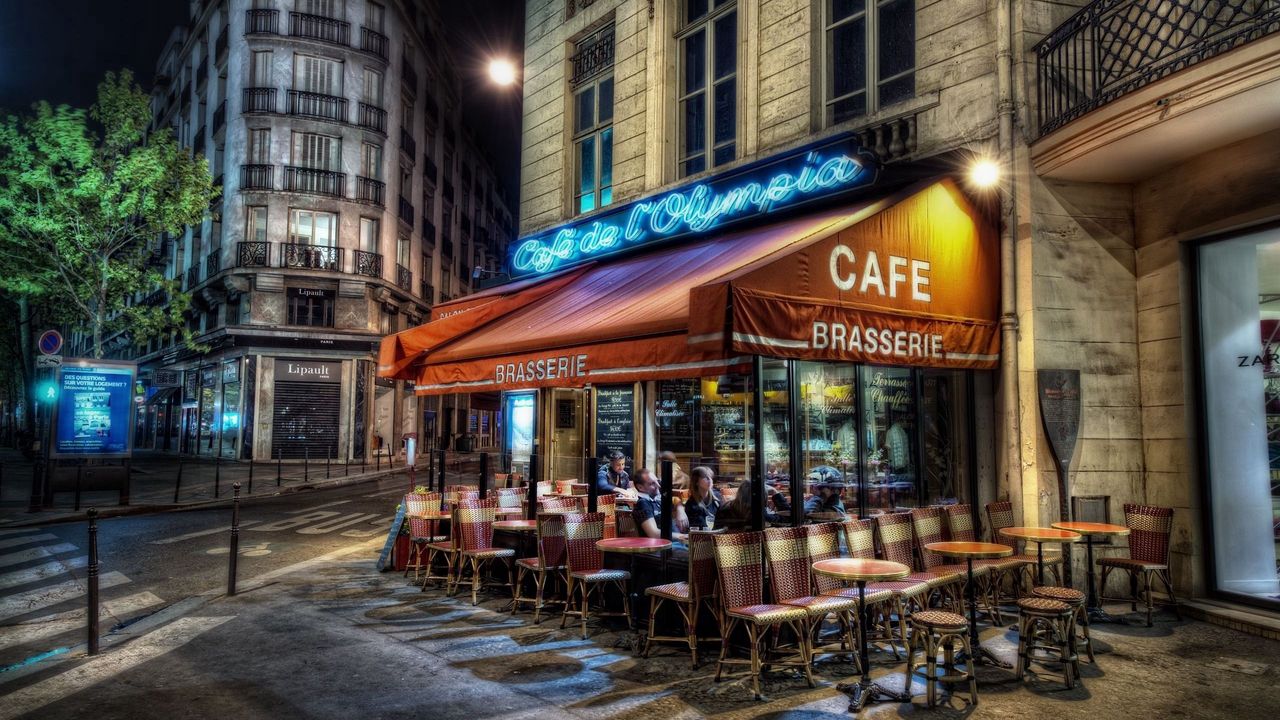Обои париж, кафе, улица, вечер, романтика, hdr