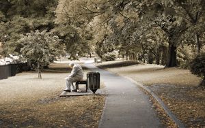 Превью обои парк, человек, пожилой, скамейка, сидеть, деревья, одиночество