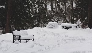 Превью обои парк, снег, зима, деревья, скамейка