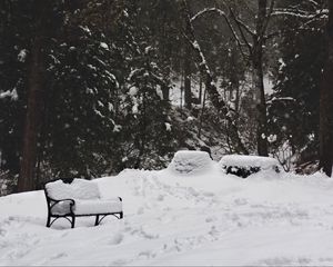 Превью обои парк, снег, зима, деревья, скамейка
