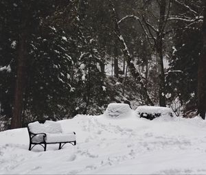 Превью обои парк, снег, зима, деревья, скамейка