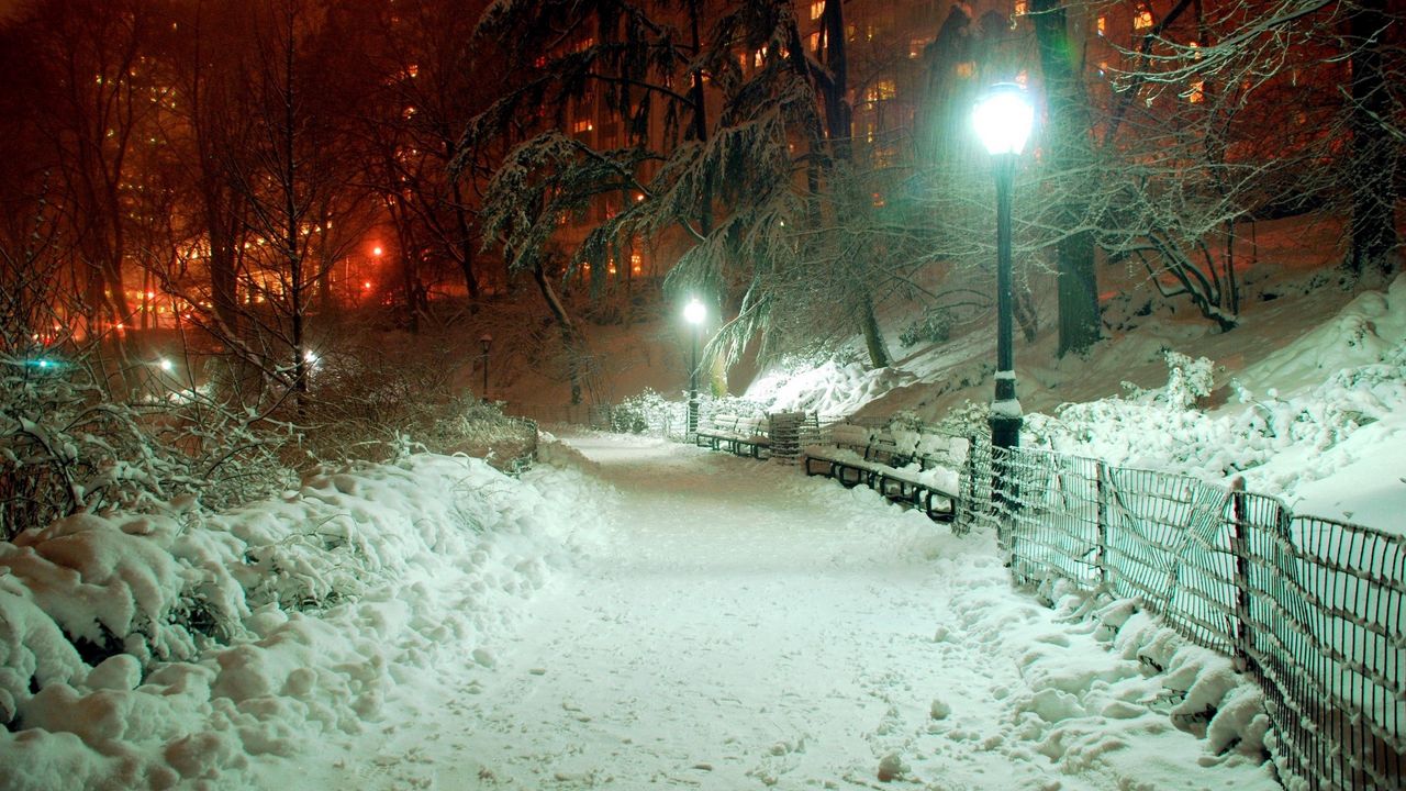 Обои парк, свет, фонарь, зима, сугробы, январь
