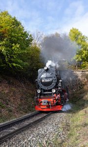 Превью обои паровоз, дым, рельсы, железная дорога