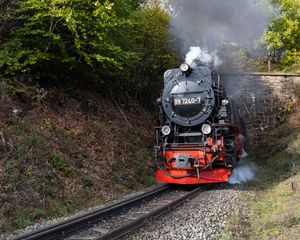 Превью обои паровоз, дым, рельсы, железная дорога