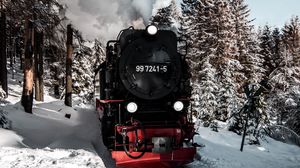 Превью обои паровоз, поезд, дым, снег, зима