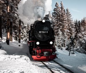 Превью обои паровоз, поезд, дым, снег, зима