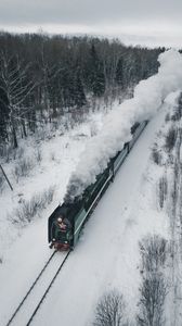 Превью обои паровоз, поезд, дым, железная дорога, зима