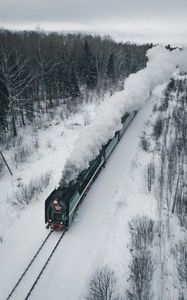 Превью обои паровоз, поезд, дым, железная дорога, зима