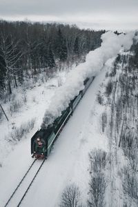 Превью обои паровоз, поезд, дым, железная дорога, зима