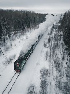 Превью обои паровоз, поезд, дым, железная дорога, зима