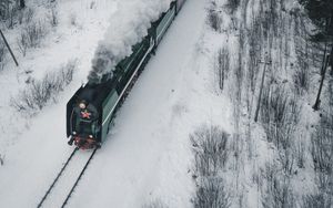 Превью обои паровоз, поезд, дым, железная дорога, зима