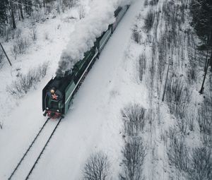 Превью обои паровоз, поезд, дым, железная дорога, зима
