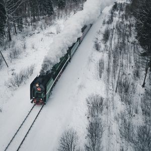 Превью обои паровоз, поезд, дым, железная дорога, зима