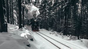 Превью обои паровоз, поезд, лес, снег, зима