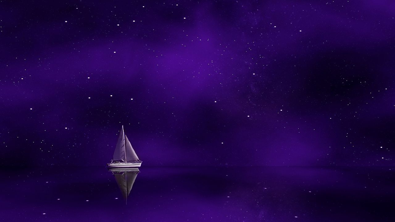 Обои парус, звездное небо, отражение, пурпурный