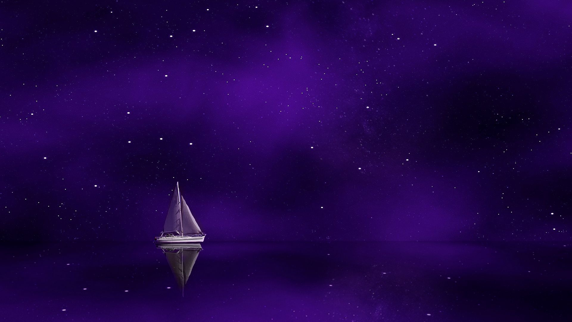1920x1080 парус, звездное небо, отражение, пурпурный обои full hd, hdtv, fh...