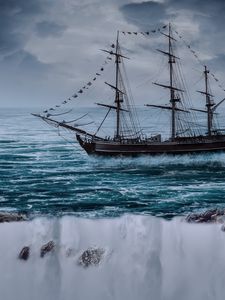 Превью обои парусная лодка, судно, море, обрыв, волны, фотошоп