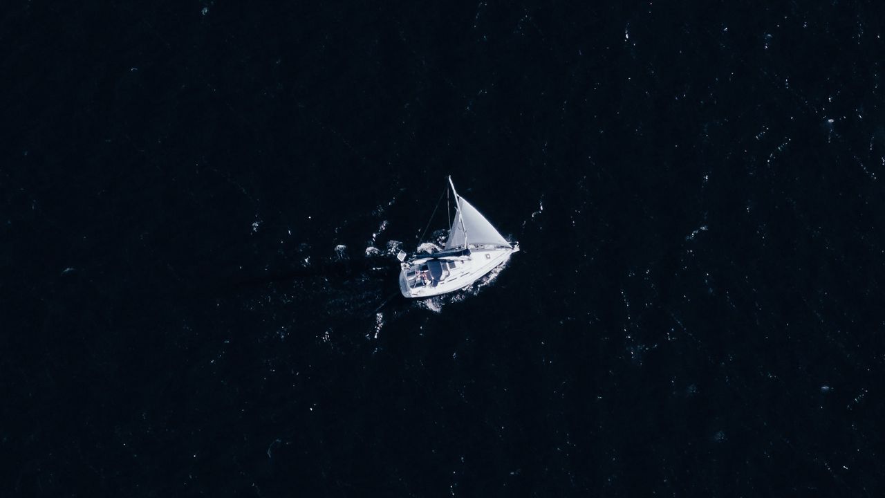 Обои парусник, лодка, море, вид сверху