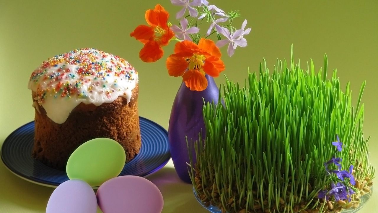 Обои пасха, яйца, праздник, цветы, ваза, кулич, тарелка, ростки