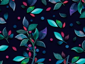 Превью обои паттерн, ветки, листья, ягоды, разноцветный