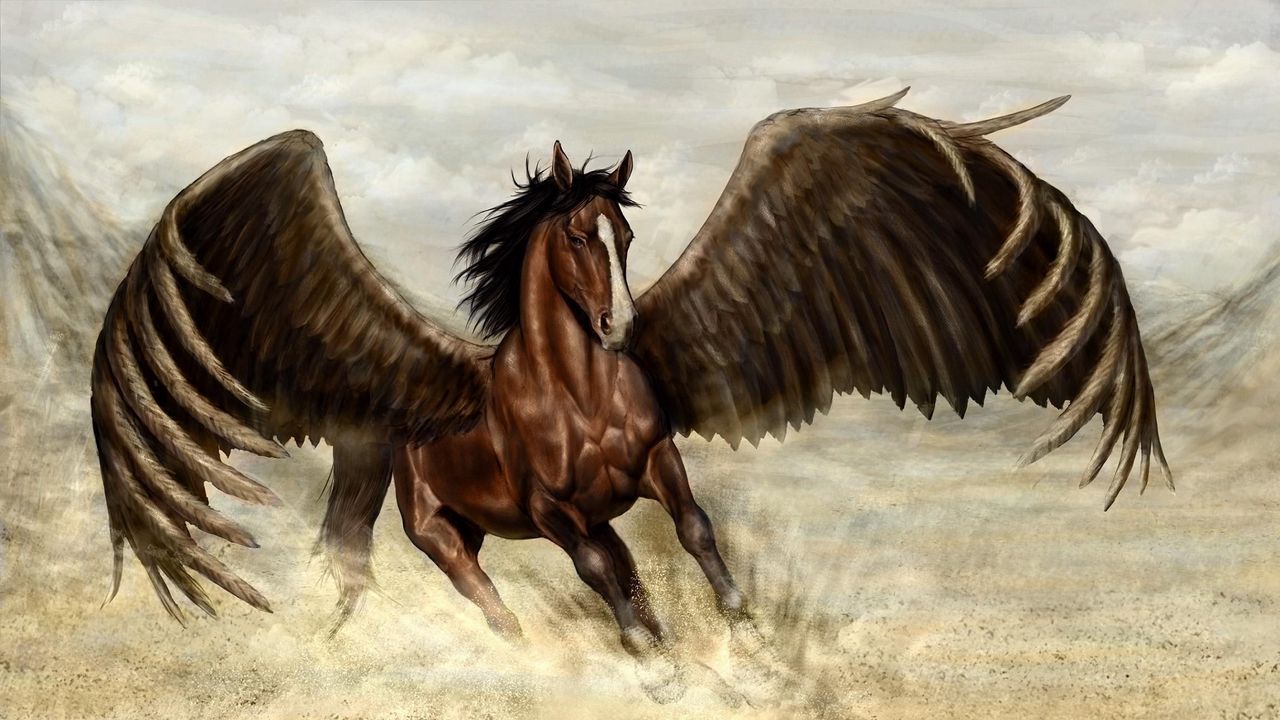 Обои пегас, лошадь, крылья, песок