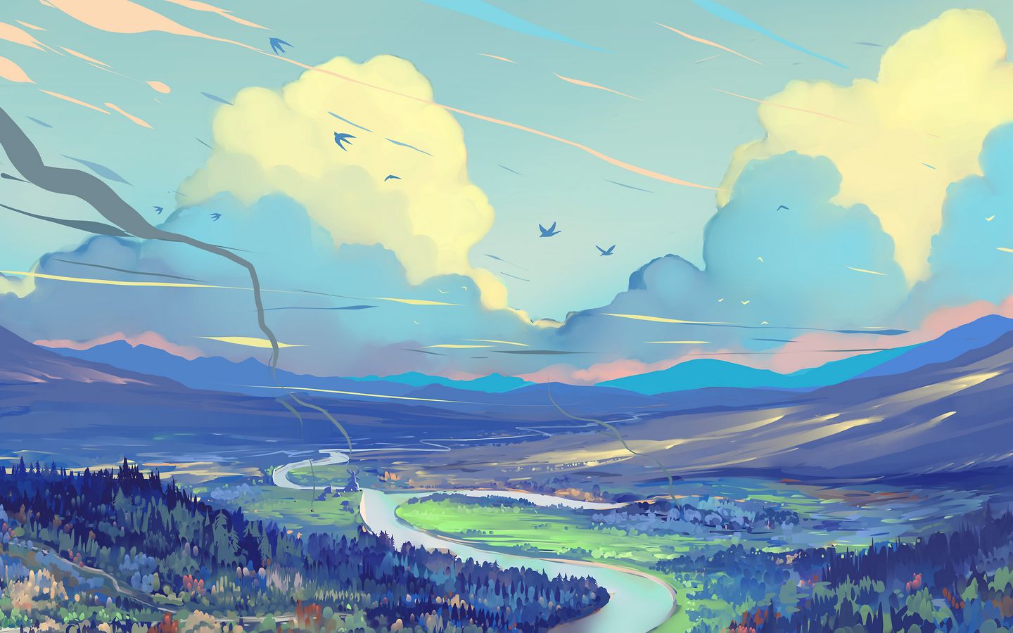 1440x900 Обои пейзаж, арт, дорога, горы, небо