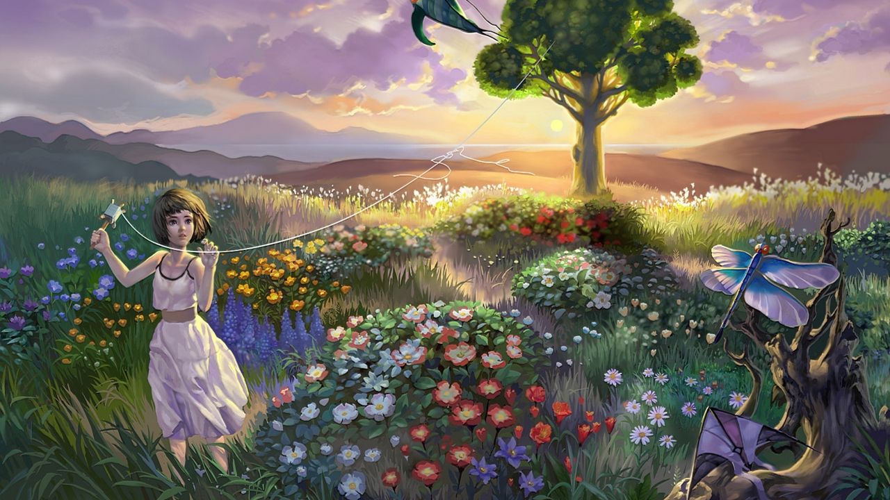 Обои пейзаж, девочка, ребенок, трава, цветы, птицы, воздушный змей