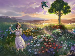 Превью обои пейзаж, девочка, ребенок, трава, цветы, птицы, воздушный змей